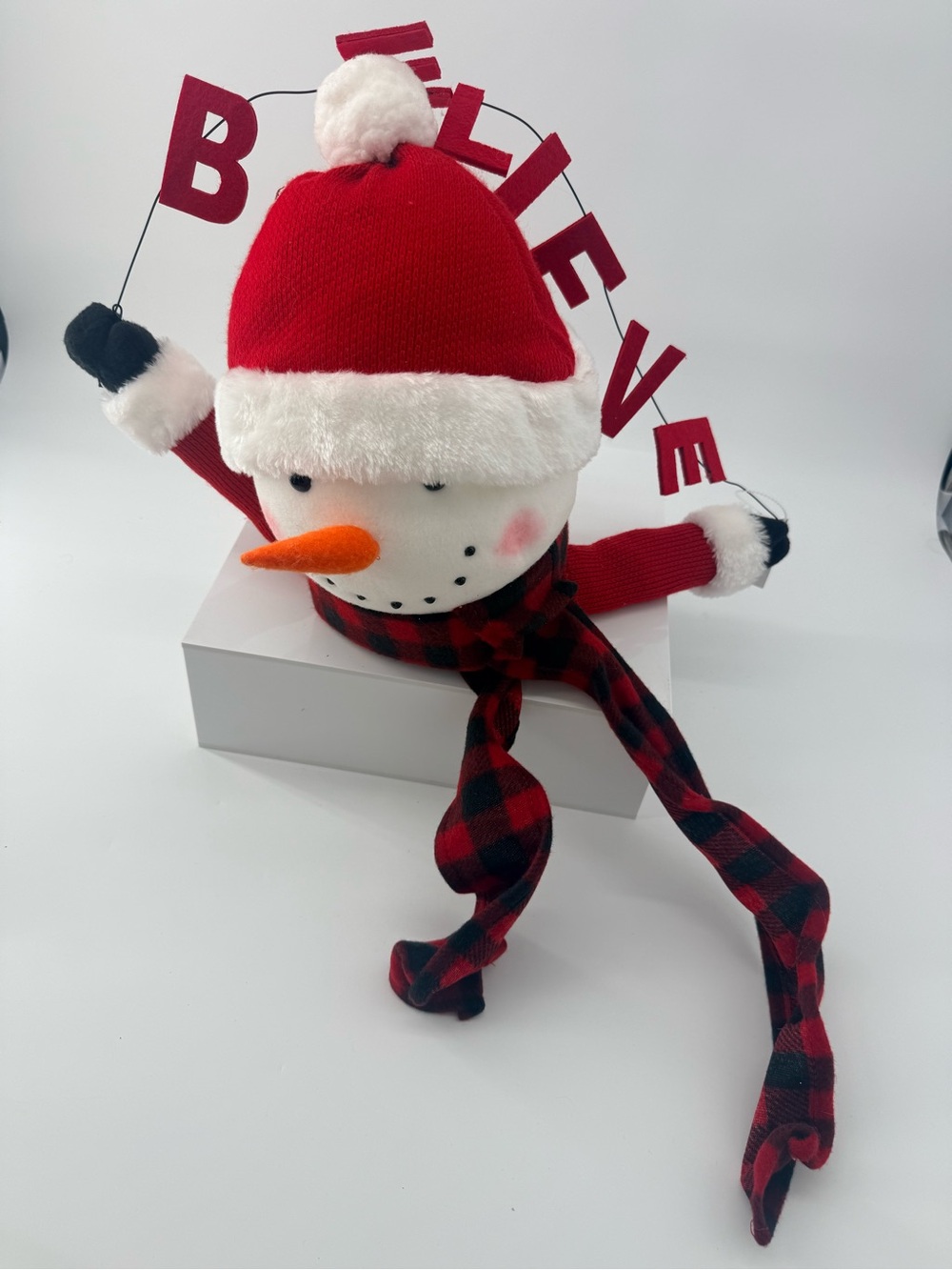 Festive Red Snowman 'Believe' Holiday Decor with Buffalo Plaid Scarf